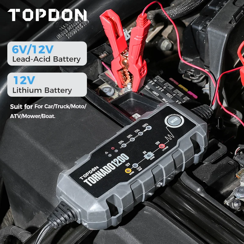 TOPDON 6V/12V Car Battery Charger 6Ah -36Ah Auto Battery Power Puls Repair For Car/Truck/Moto/ATV/Mower/Boat T1200