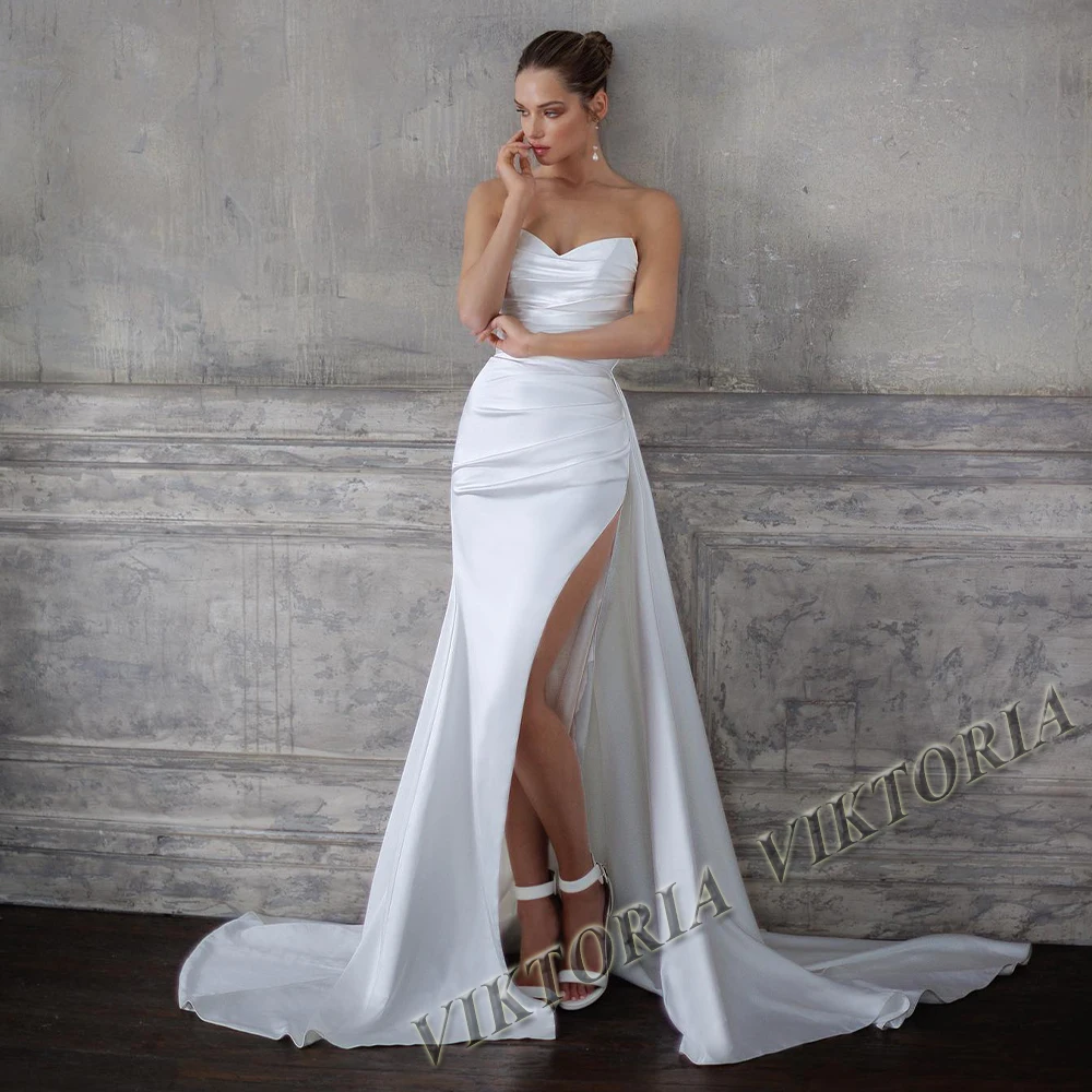 

VIKTORIA Simple Satin Wedding Dresses For Women Slit Detachable Train Bridal 2023 Appliques Vestido De Novia Made To Order