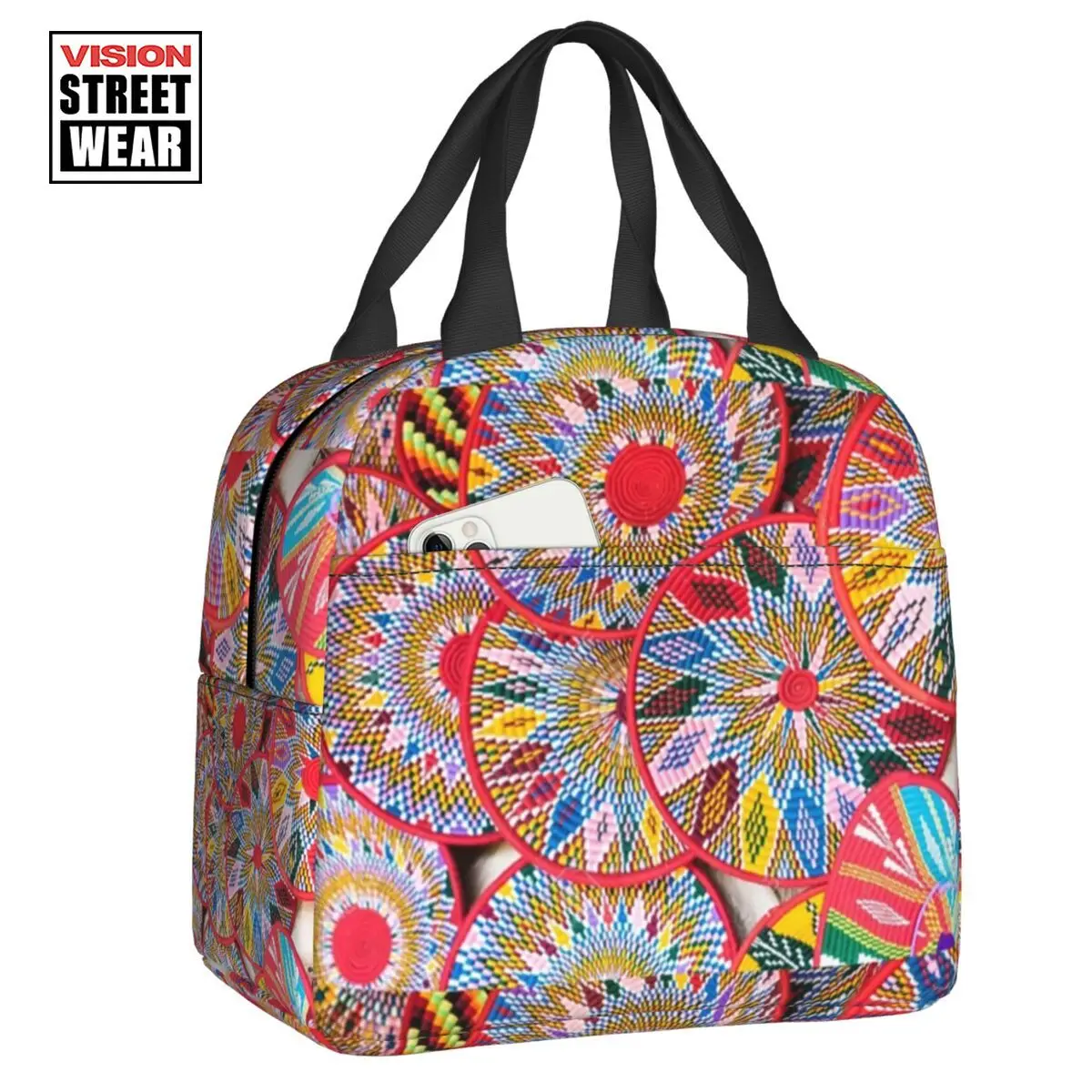 

2023 New Ethiopian Plates Pattern Insulated Lunch Bag For Women Resuable Sefed Cooler Thermal Bento Box Beach Camping Travel