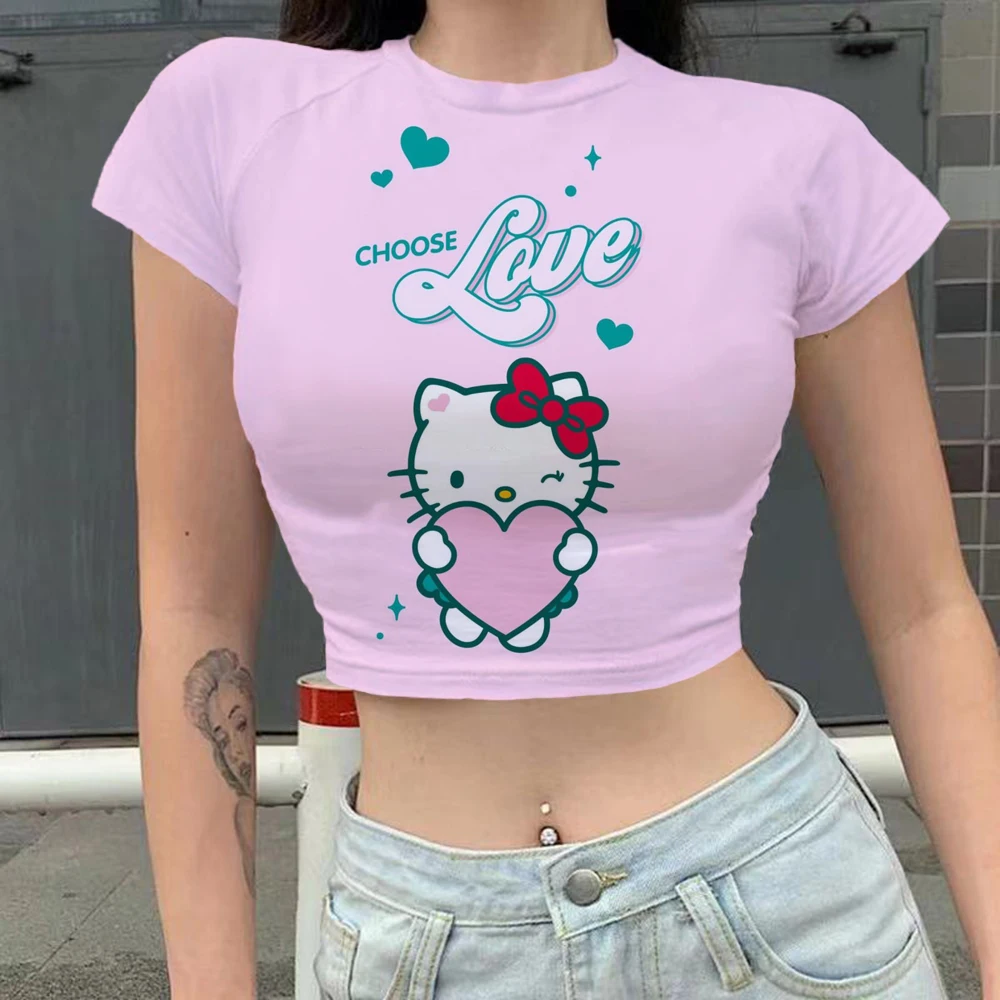 

Female T Shirt Casual Top High Waist Tee Slim Basic Crop Top Summer Streetwear Women Tshirt Hello Kitty Tshirt Girls