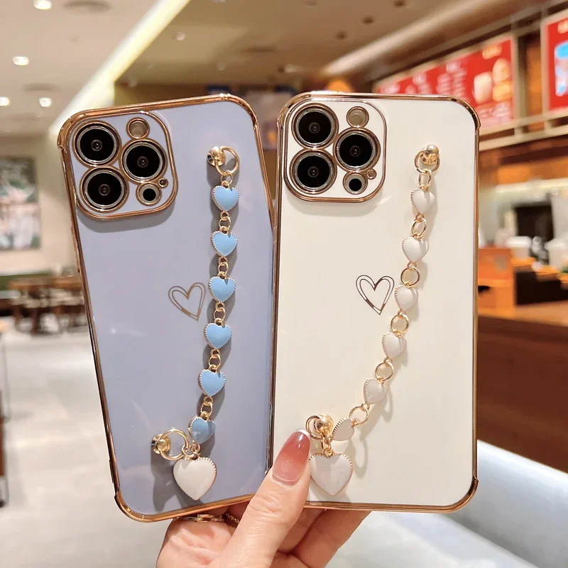 

Чехол для телефона с гальваническим покрытием и цепочкой в форме сердца для iPhone 14 13 12 11 Pro Max 13 Mini X XS XR 7 8 Plus, мягкий силиконовый чехол с ремешком с покрытием