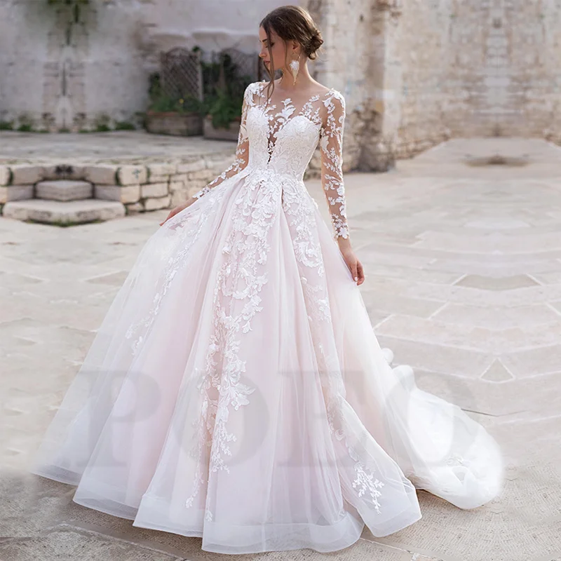 

POEO Charming Wedding Dress O-neck Full Sleeve Appliques Bridal Gowns A-LINE Floor-Length Court Vestido De Novia Custom Made