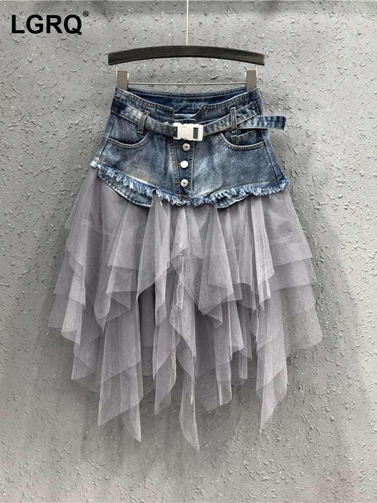 

LGRQ Wornout Fold Lace Splicing Denim Short Skirt 2023 Summer New Asymmetric Hem Design Women's Mini Sexy Mesh Versatile 19F1097