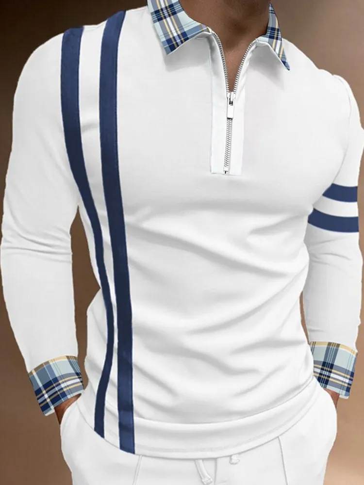 High Quality Autumn Men Tees Polo Shirts Striped Casual Long Sleeve Mens Shirts Turn-Down Collar Zipper Patchwork Polo Shirt