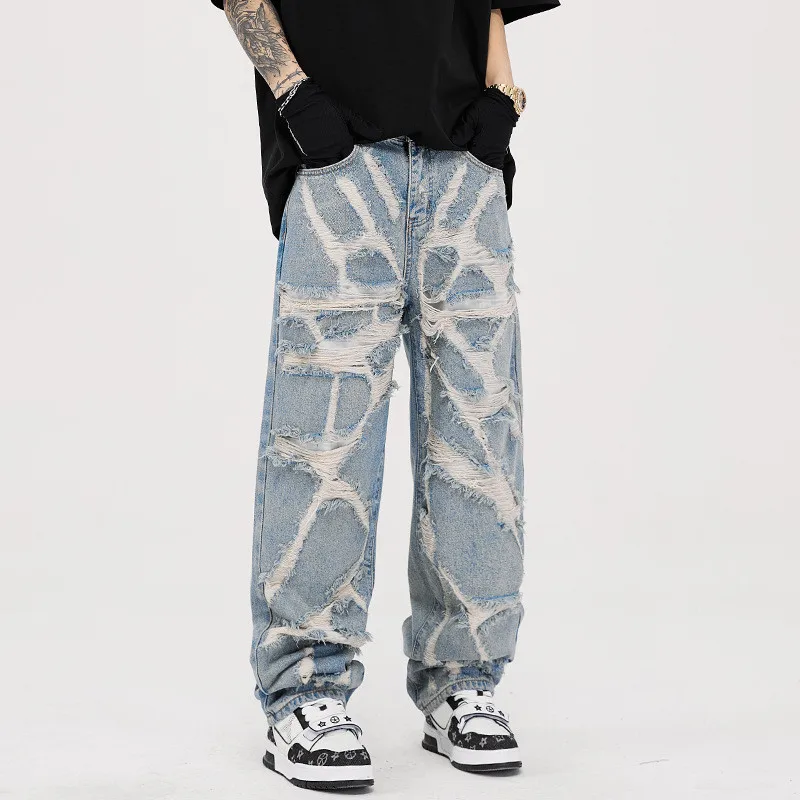 

2023 Kanye Grunge Clothes Y2K Hole Ripped Baggy Men Jeans Pants Straight Retro Washed Blue Hip Hop Denim Trousers Pantalon Homme