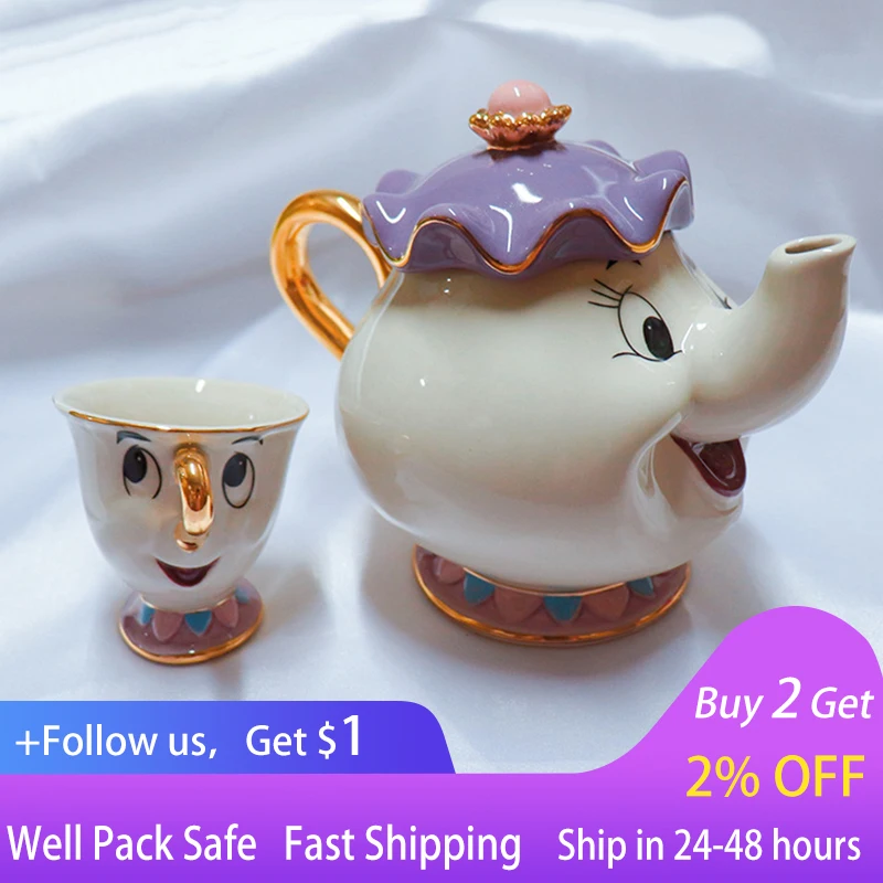 

Hot Sale Cartoon Beauty And The Beast Teapot Mug Mrs Potts Chip Tea Pot Cup Cogsworth Clock Lovely Christmas Gift Drop Shipping