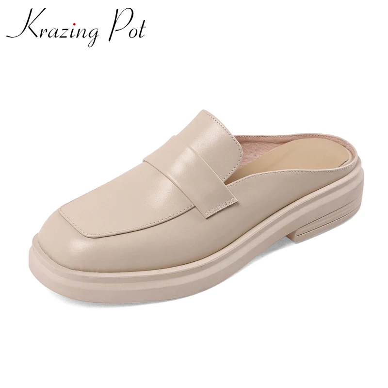 

Krazing pot summer cow leather round toe European lazy med heels outside slipper platform daily wear slip on fashion shoes women