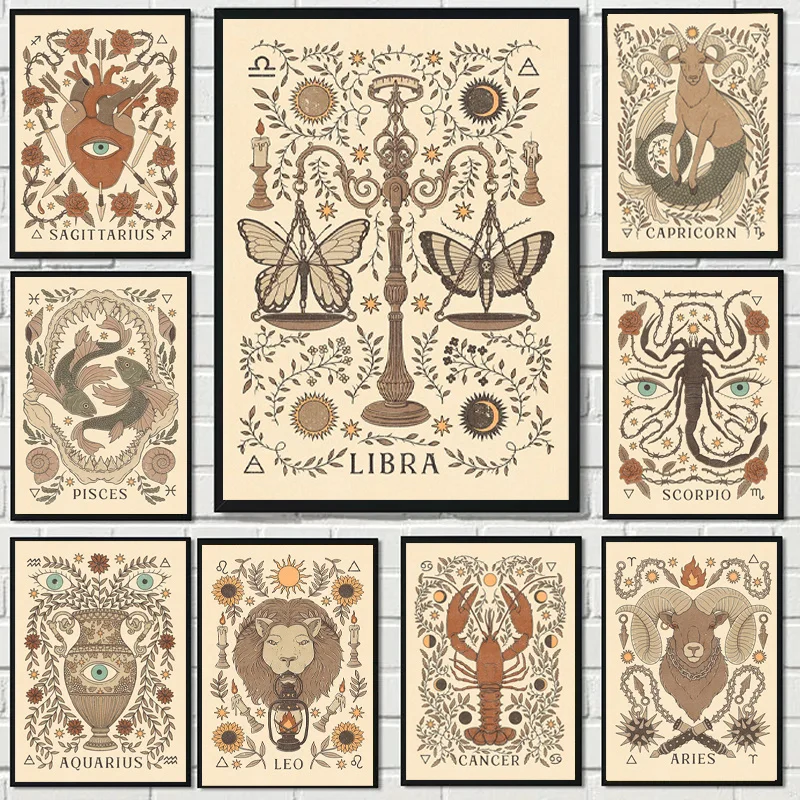 

Bohemian Zodiac Art Poster Print Canvas Painting Inspired Astrology Scorpio Virgo Aquarius Aries Leo Pictures Retro Wall Decor