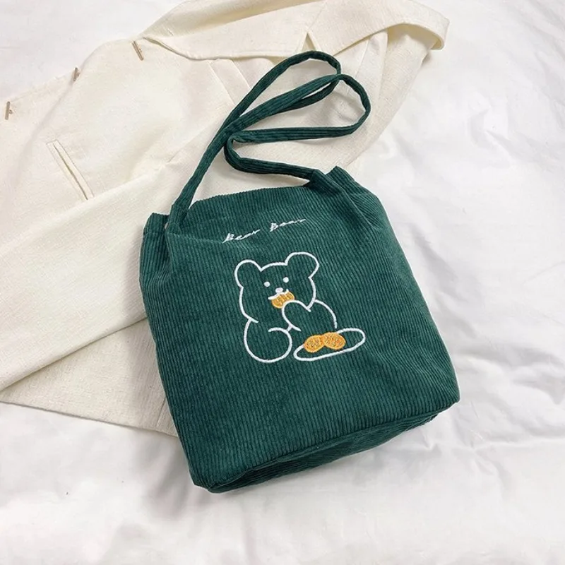 

Women Corduroy Shoulder Bag High-capacity Bear Ladies Casual Handbag Tote Bag Reusable Large Capacity Cotton Shopping Beach Bags