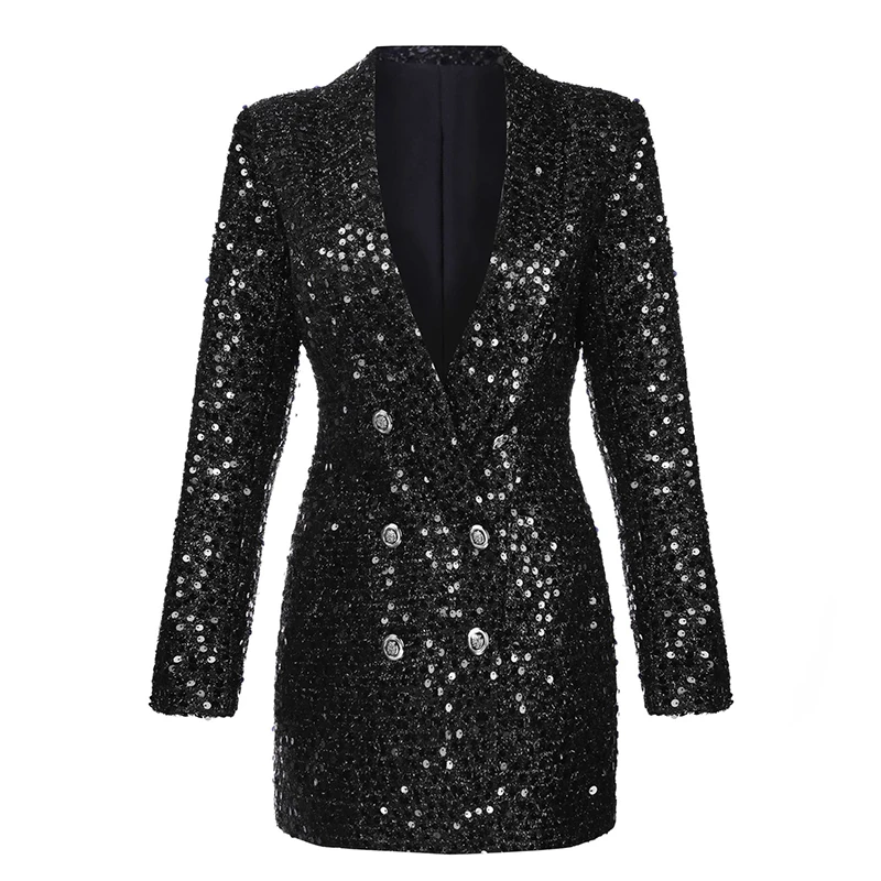 High Quality Fashion Designer Blazer Women Double Lion Buttons Shawl Collar Glitter Sequined Long Runway Black Blazers