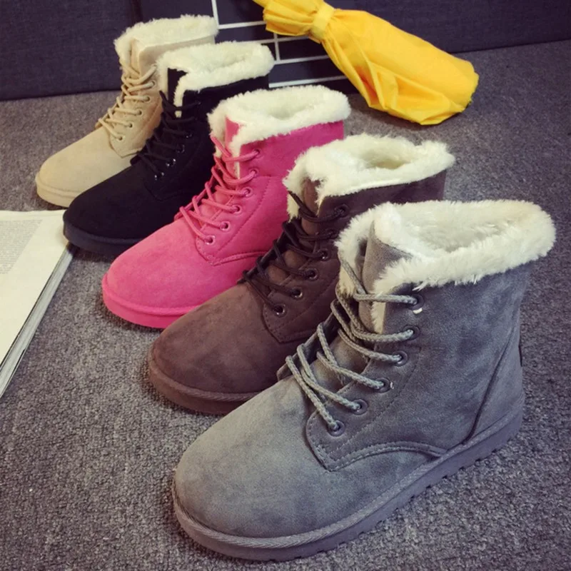 

2021 Women Winter Snow Boots Warm Flat Plus Size Platform Lace Up Ladies Women's Shoes New Flock Fur Suede Ankle Boots Female