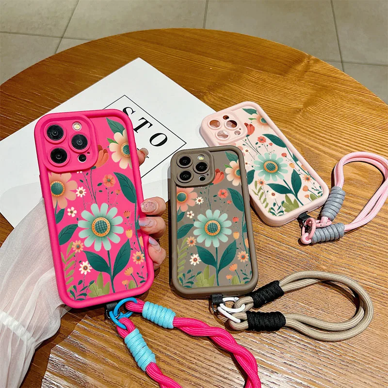 Чехол для телефона с ремешком на запястье iPhone 11 12 13 14 15 16 Pro MAX XS Max XR 7 8 Plus милым