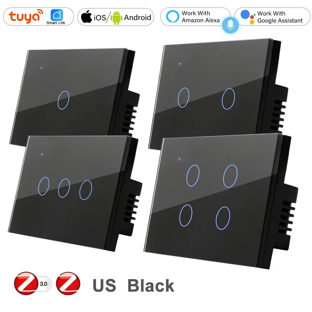 

Tuya ZigBee 3 0 Smart Life Беспроводной сенсорный экран Настенный выключатель светодиодный вкл. Выкл. США AU без нейтрали 4 Gang 2 Двусторонний Alexa