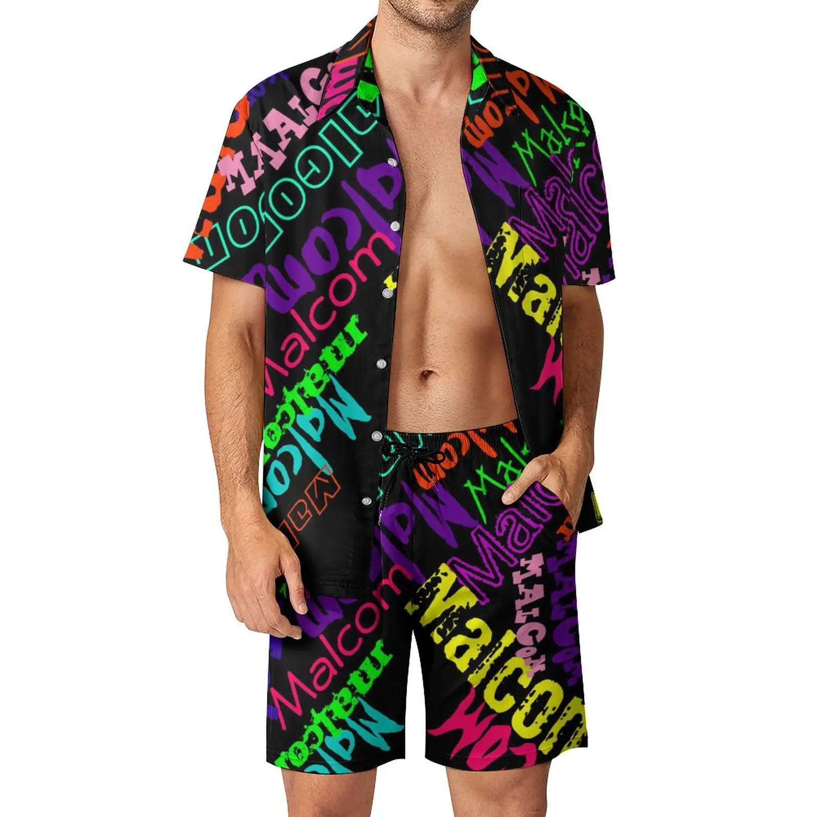 

Colorful Word Graffiti Vacation Men Sets Letter Print Casual Shirt Set Summer Custom Shorts Two-piece Streetwear Suit Big Size