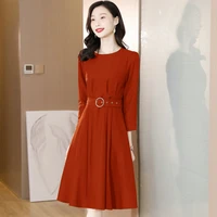 women elegant red black dresses with belt design o neck three quater sleeve calf length one piece robe office lady casual dress