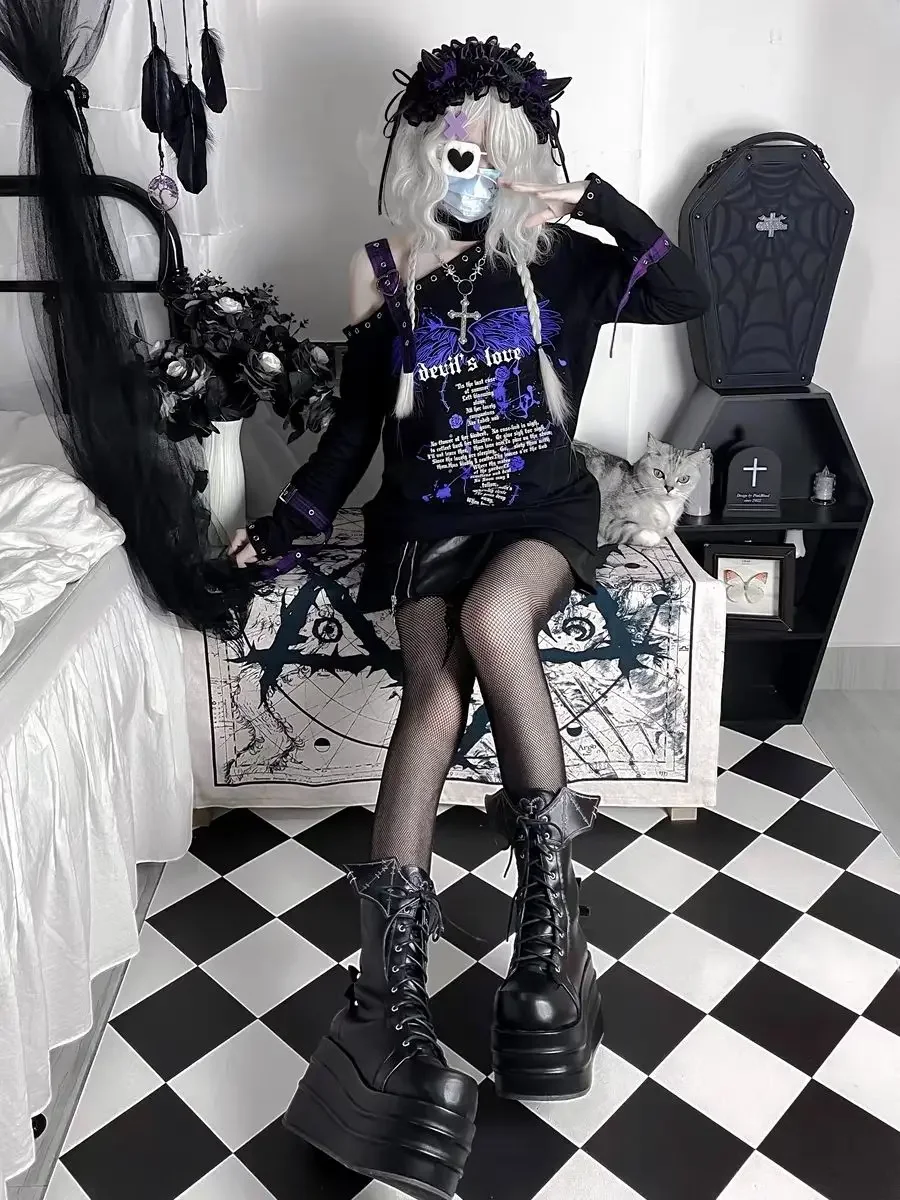 Футболка Y2k в стиле панк с открытыми плечами 1920-х годов гранж свободная