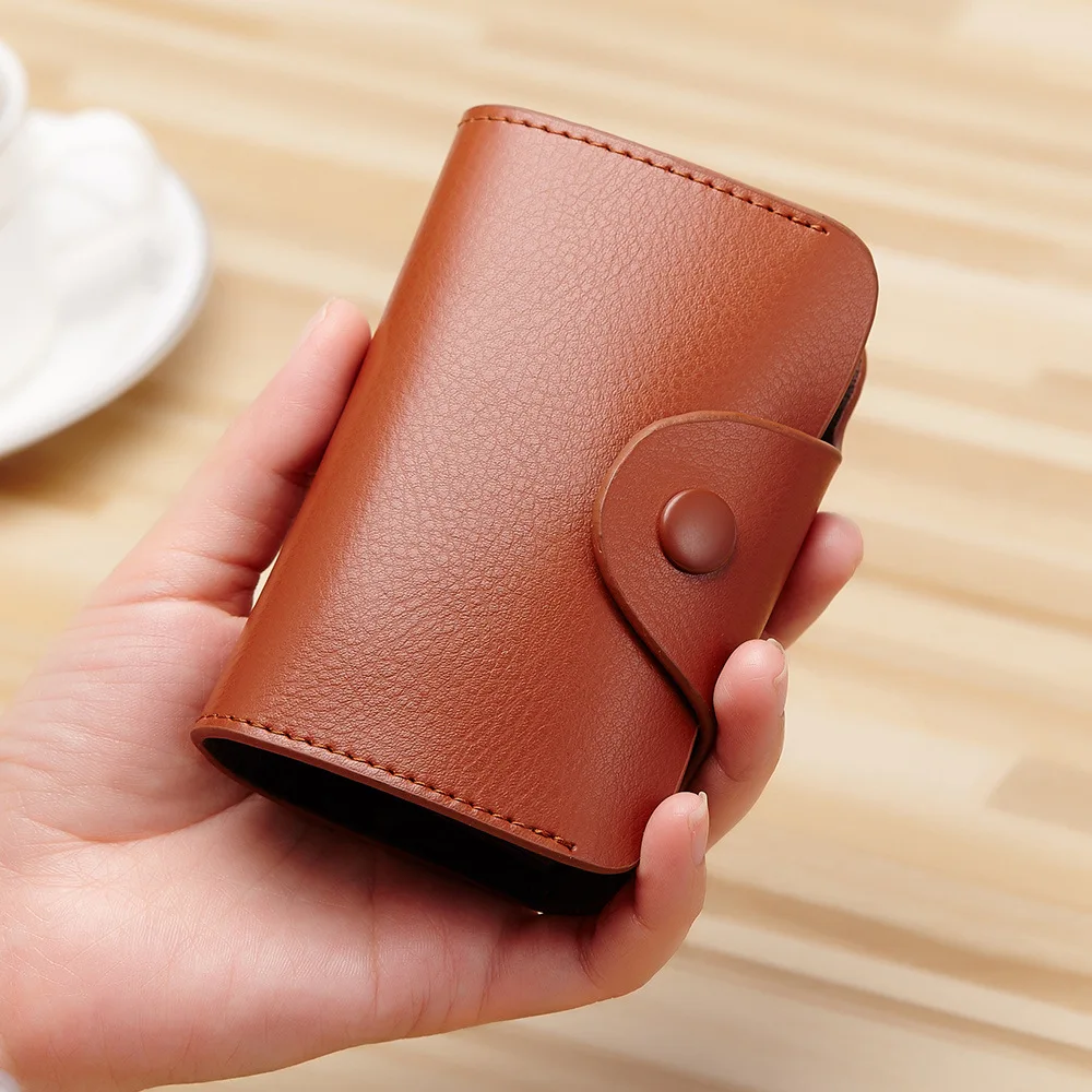 

Simplicity Hasp Style Soft Second Layer Cow Leather RFID Bankcard Holder Wallet Single Row 12 Slots Solid Color Card Case