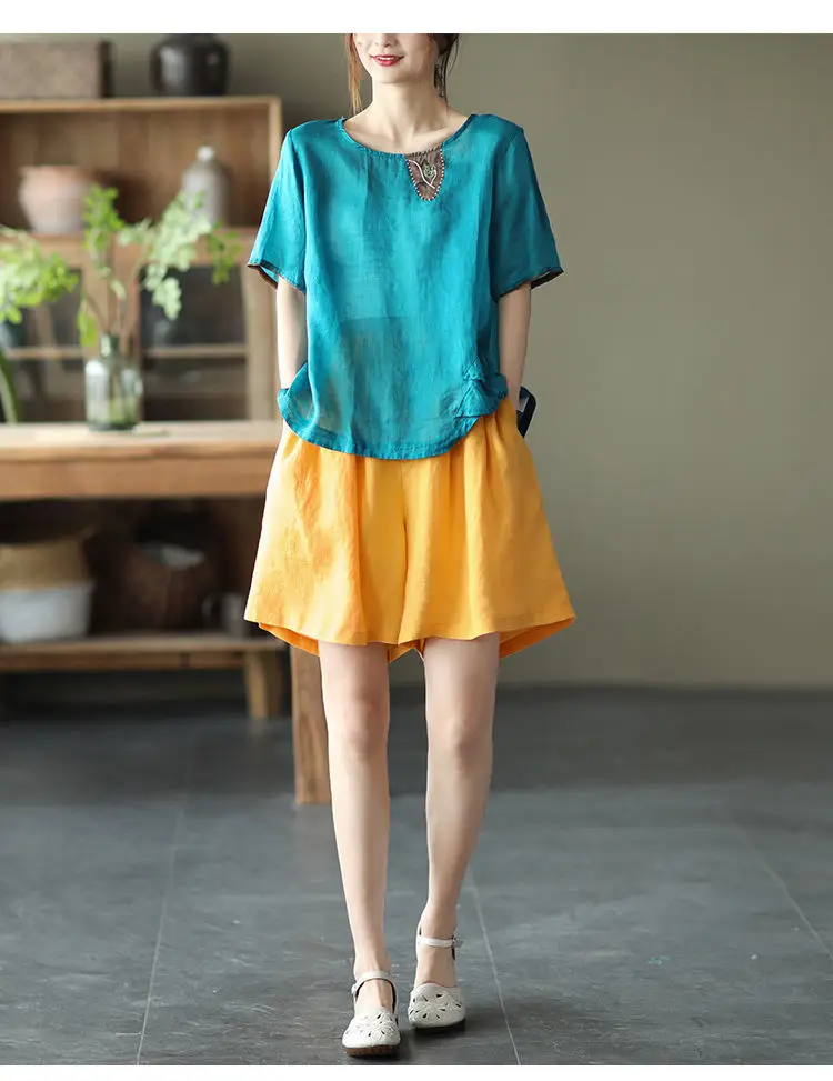 Summer Cotton and Linen Shorts Fashion Lady Buttons Solid Color Loose High Waist Shorts Casual Home Women's Medium Short Pants