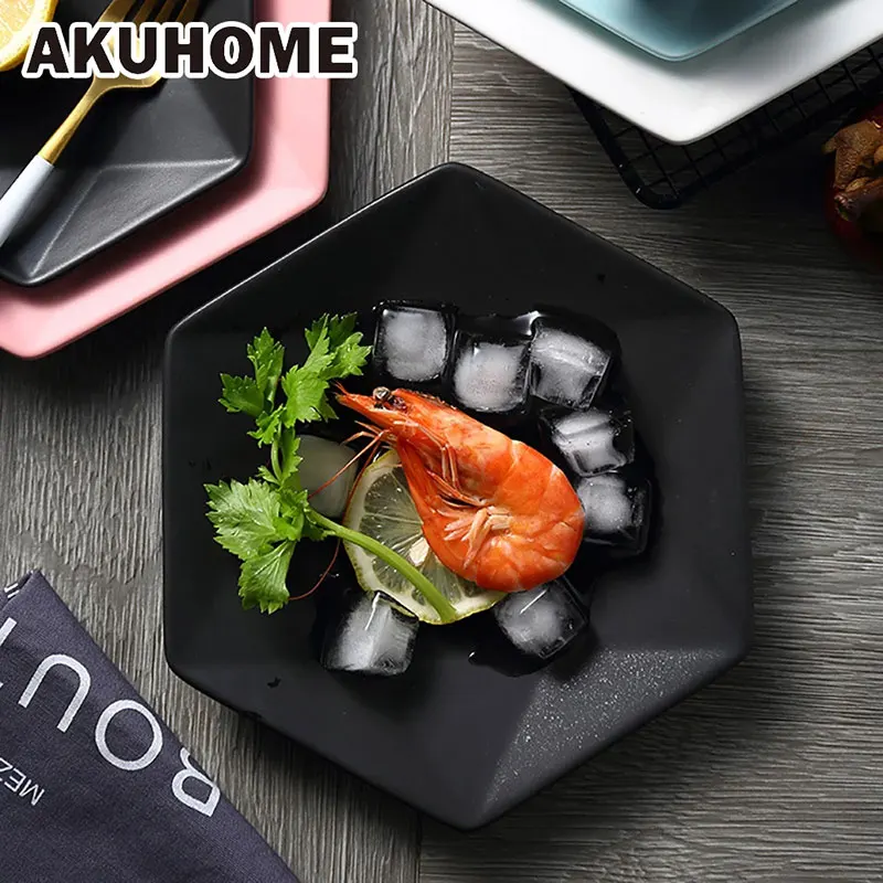 

Ceramic Dinner Cake Stand Beef Plate Tableware Hexagonal Matte Dessert Dish Simple and Creative Salad Bowl Cutter Dishes Kitchen