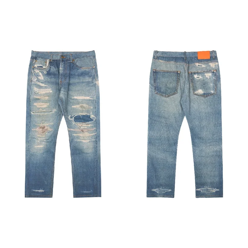 

Винтажные джинсы с прямым распылением для мужчин и женщин, Стирка в стиле High Street, изношенные прямые джинсы с дырками, универсальные брюки