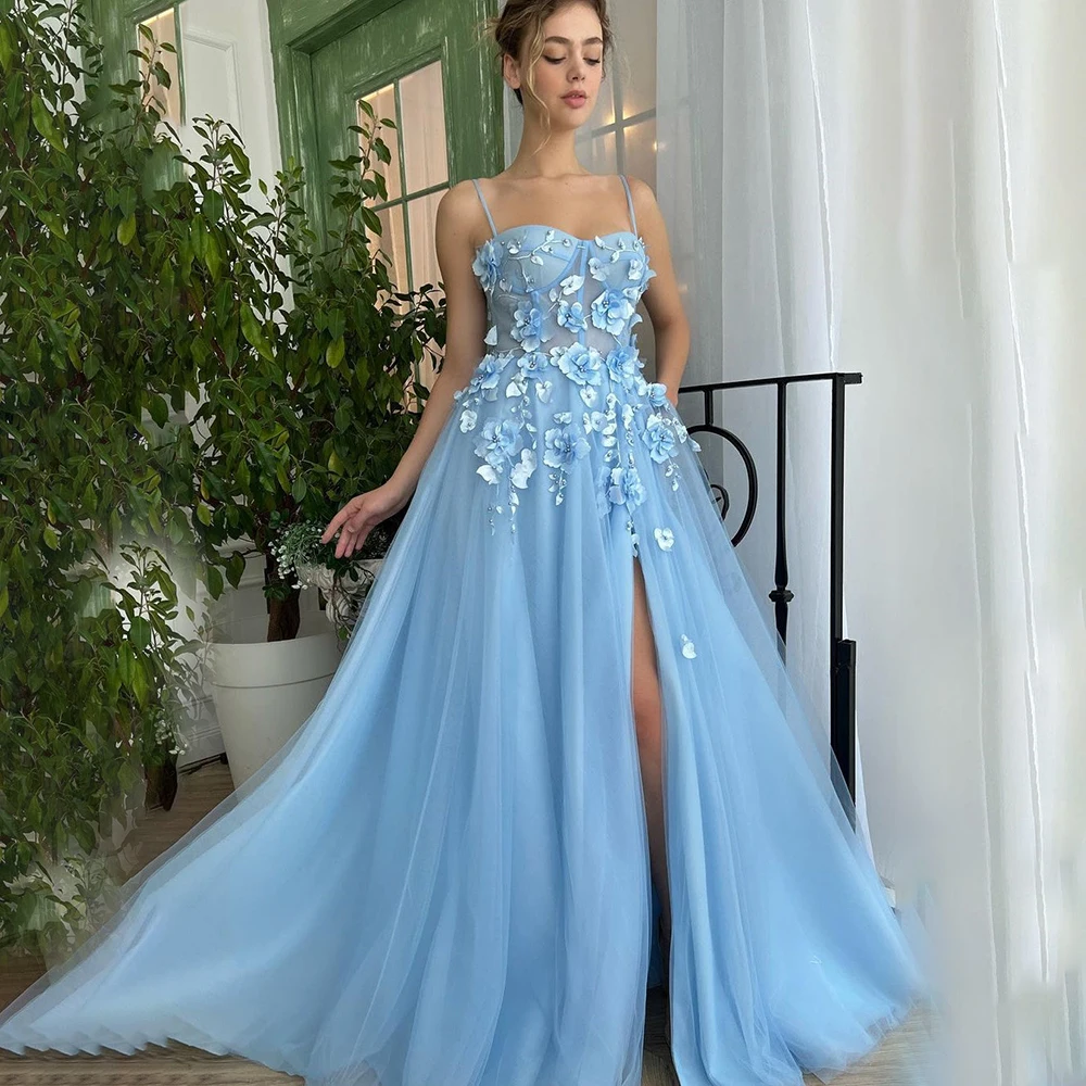 

Spaghetti Straps 3D Blossom Graduation Gowns Pearls Sweetheart Bustier Birthday Sheer Tulle High Split Special Evening Dresses