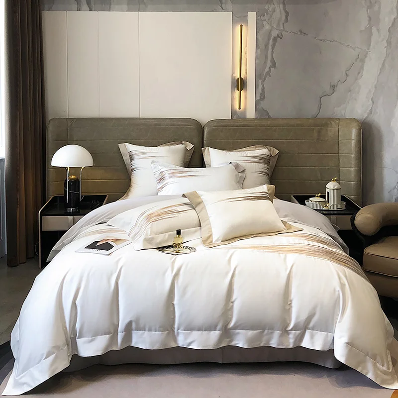 

Luxury 4Pcs Bedding 1000TC Egyptian Cotton Gold Modern Fashion Lines Embroidery Duvet Cover Pillowcases Bed Sheet Set