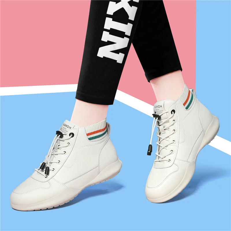 Кроссовки женские из натуральной кожи высокие без шнуровки повседневная обувь