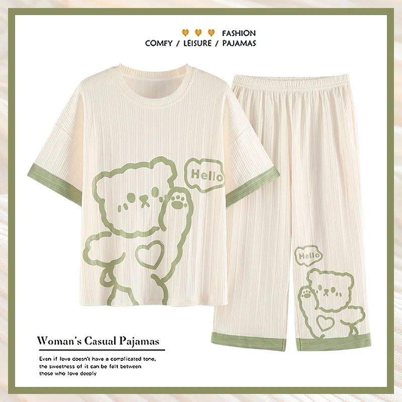 pajamas women's new summer cotton short sleeved pants are sweet and lovely. large clothes suit can be worn outside