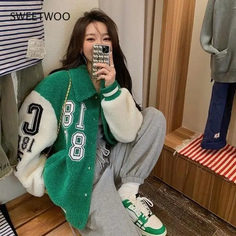 Green Y2K Baseball Coat Winter Coat for Women Faux Teddy Fur Coat Basic Jackets Outerwear Female Fashion Vintage Harajuku Kawaii