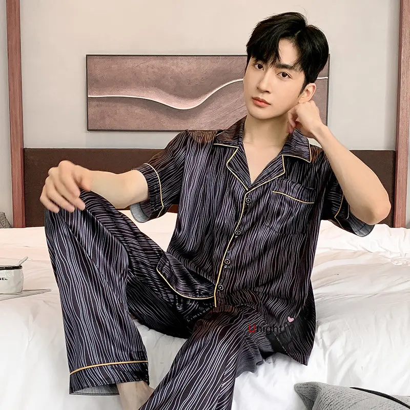 Spring Summer Man Pajama Sets Silk Sleepwear Pajamas for Men Plus Size Home Clothing Pyjamas Suit Home Wear Loungewear Homesuits