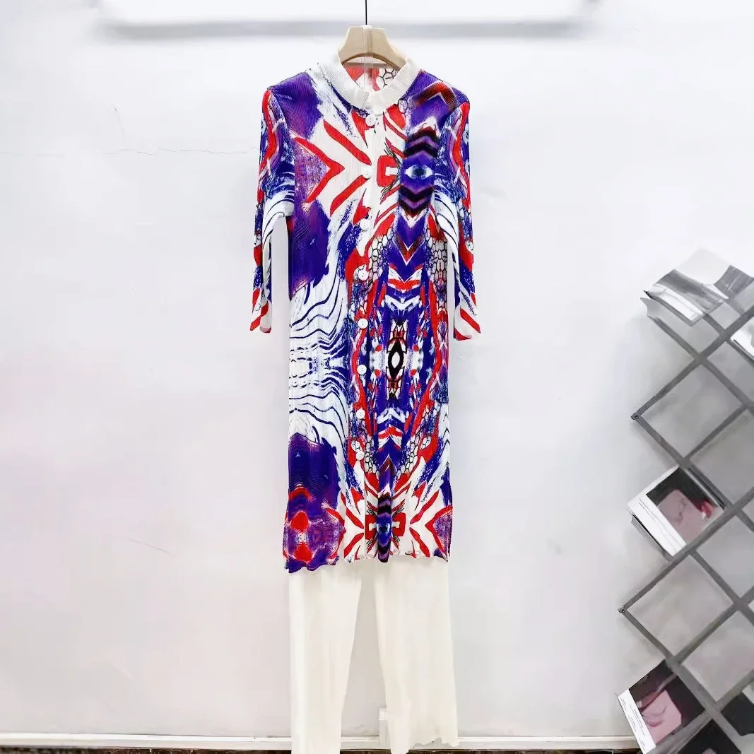 Miyake плиссированный кардиган с принтом длинный топ воротником-стойкой +