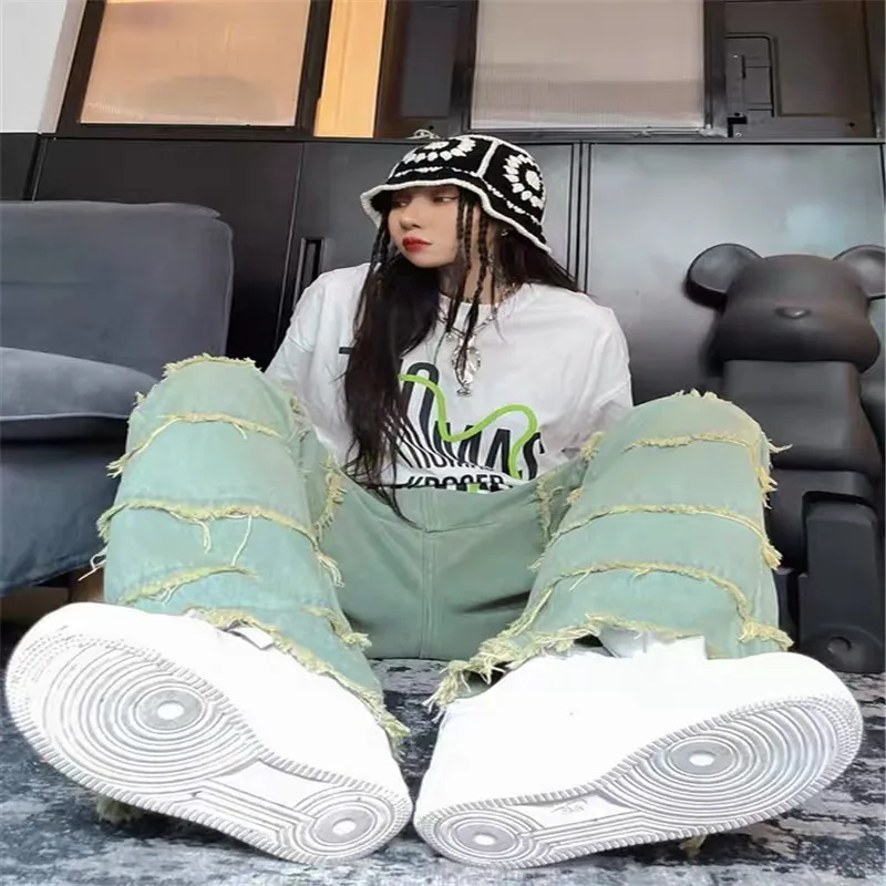 2022 new American retro jeans mopping the floor drape men and women ins tide loose straight light color trousers summer