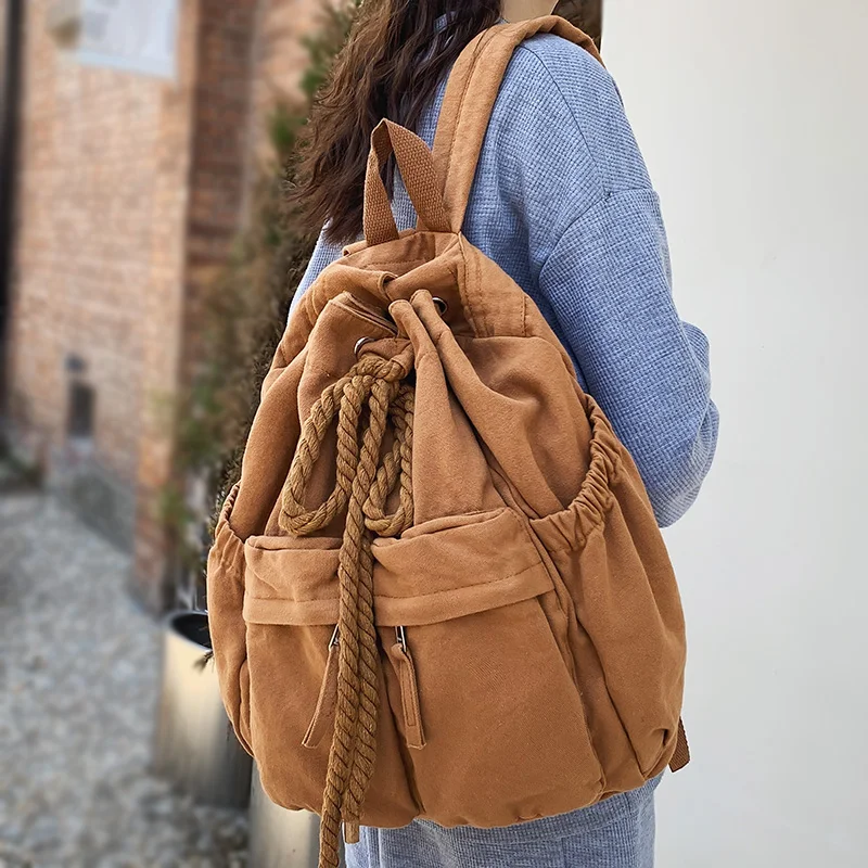 

College Ladies Girl Women Brown Vintage Backpack School Drawstring Fashion Cool Travel Book Bag Bag Canvas Laptop Female Leisure
