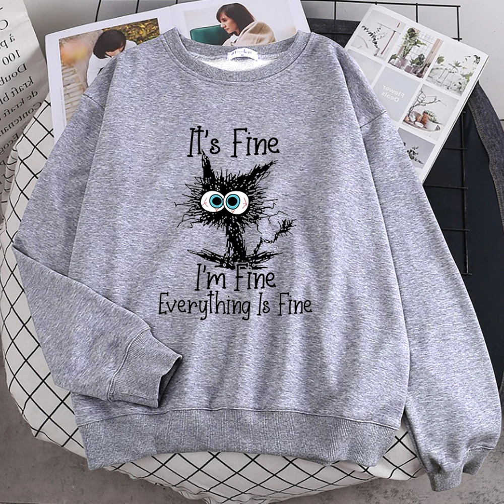 

Hoody Kawaii Cat Cartoon Hoodies Woman Sweatshirt It's Fine I'm Fine Everything Is Fine Letter Print Hoodie Winter Clothes Women