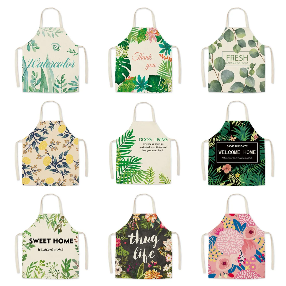 

Pattern Kitchen Apron for Woman INS Leaves Sleeveless Cotton Linen Aprons Cooking Simplicity Home Cleaning Tools 68*55cm