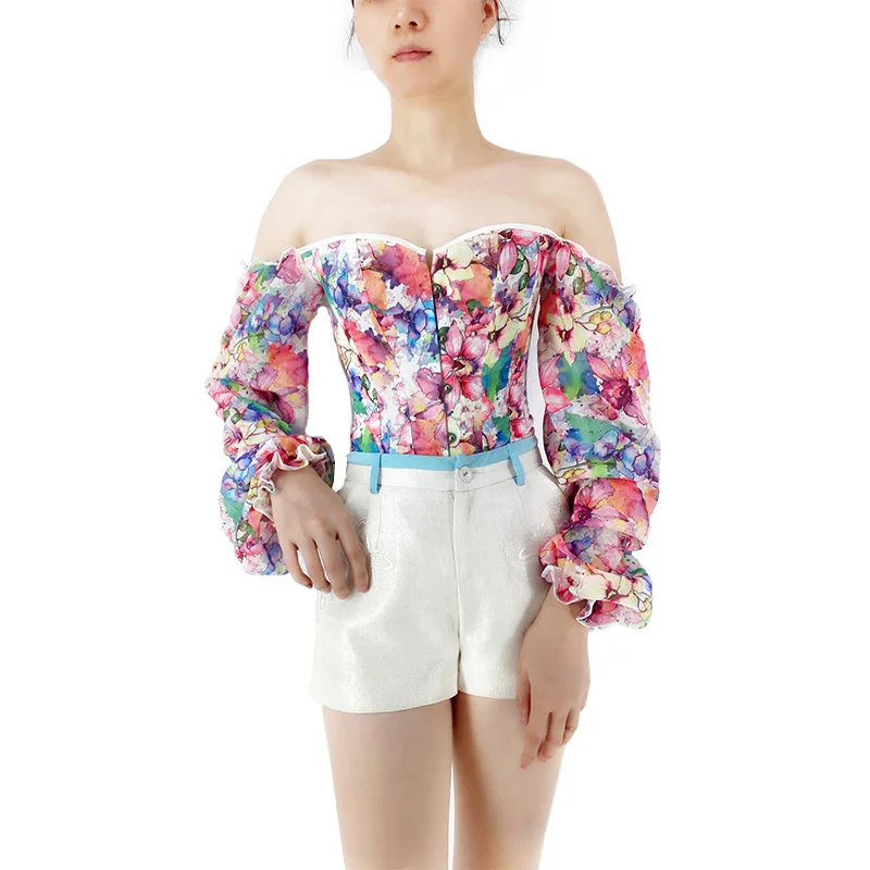 Женский Готический корсет с открытыми плечами блузка цветочным принтом и