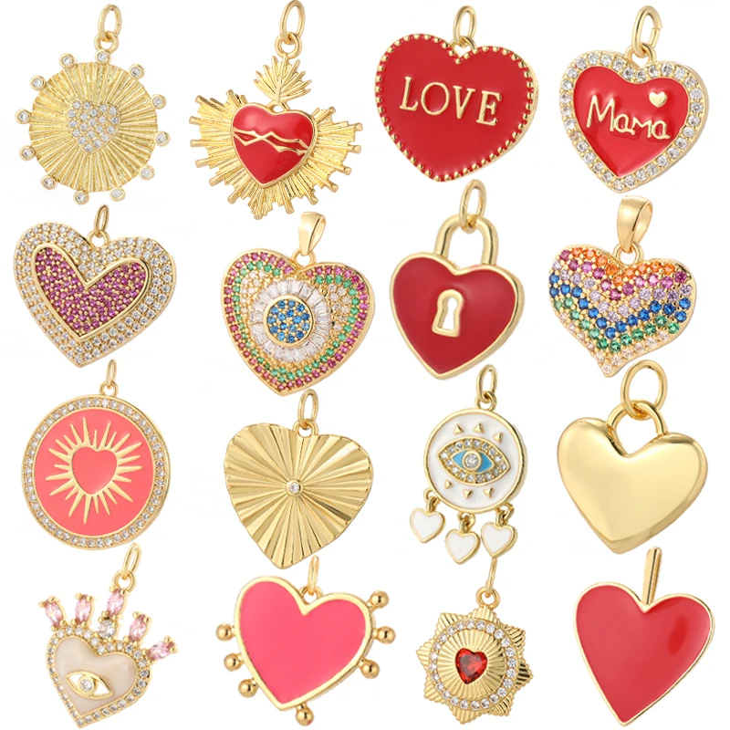 Red Heart Crystal Enamel Charms for Jewelry Making Supplies Designer Gold Color Cute Love Diy Earings Bracelet Necklace Pendant