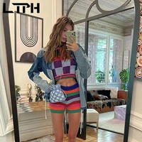 ltph vintage casual plaid knit two piece set women sleeveless vest tops streetwear shorts outfits 2022 summer new
