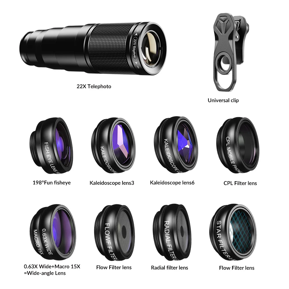 APEXEL 22x Telephoto Telescope 10 in 1 Camera Lens Kit Macro Wide Angle Fisheye  CPL Star Filter Lens For iPhone Huawei Samsung