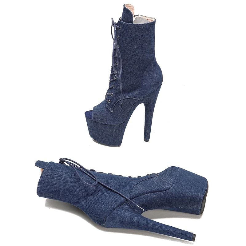 Leecabe Matt PU 17CM/7inches denim PU Pole dancing shoes High Heel platform Boots Pole Dance boot