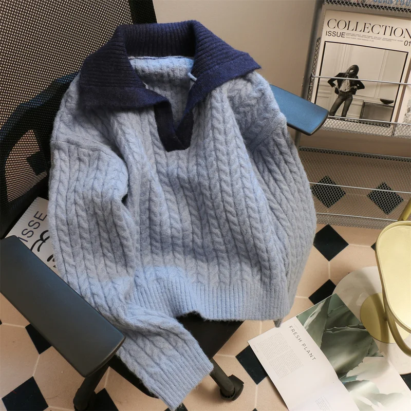 

Polo Collar Blue Knitted Sweater Women's Spring and Autumn New Hong Kong Style Twist Lapel Long-sleeved Knitted Pullover Female