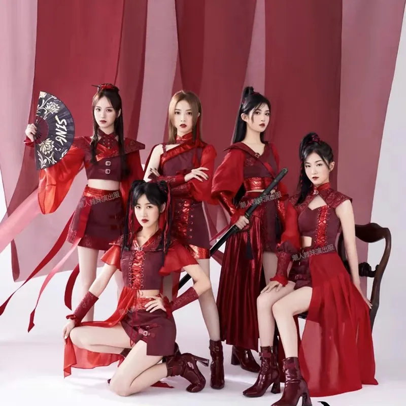 Одежда Kpop для женщин костюм певицы красный Y2k одежда концертов выступлений