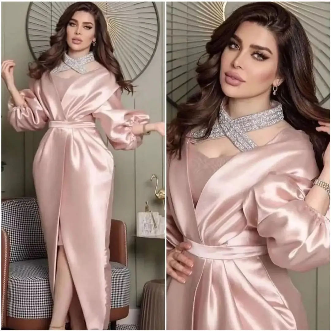 

Saudi Arabic Satin Evening Dresses Side Split A-Line Ruched Ruffles Long Prom Dress Dubai 2023 Women Formal Party Gowns