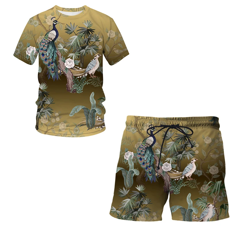 

Осенний мужской спортивный костюм с 3D футболкой с изображением цветка, птицы и растений, модная спортивная уличная одежда, мужские брюки бо...