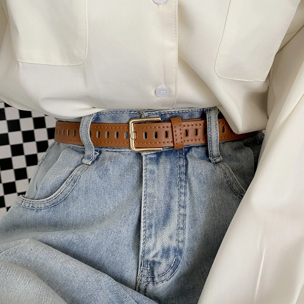 

New Women Belt Hollow Retro Faux Leather Casual Simple All-match Jeans Fashion Decoration No Needle Buckle Slim Belts