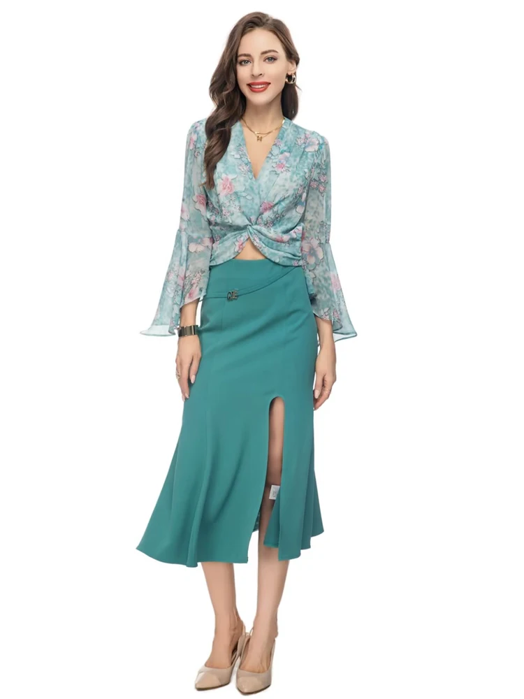 

Designer New Summer Women'S Sets High Quality Holiday Print Chiffon Tops Casual Half Skirt Sexy Elegant Fashion Casual Suit