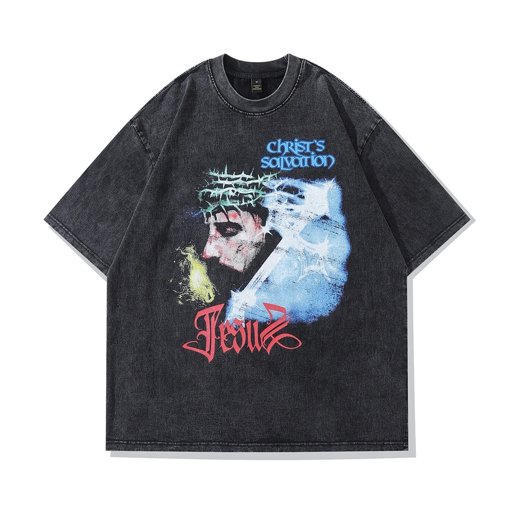 

Women's Oversize Distressed T Shirts Hip Hop Christ Print Vintage Washed Tshirt Streetwear Harajuku Cotton Casual T-Shirt Tops