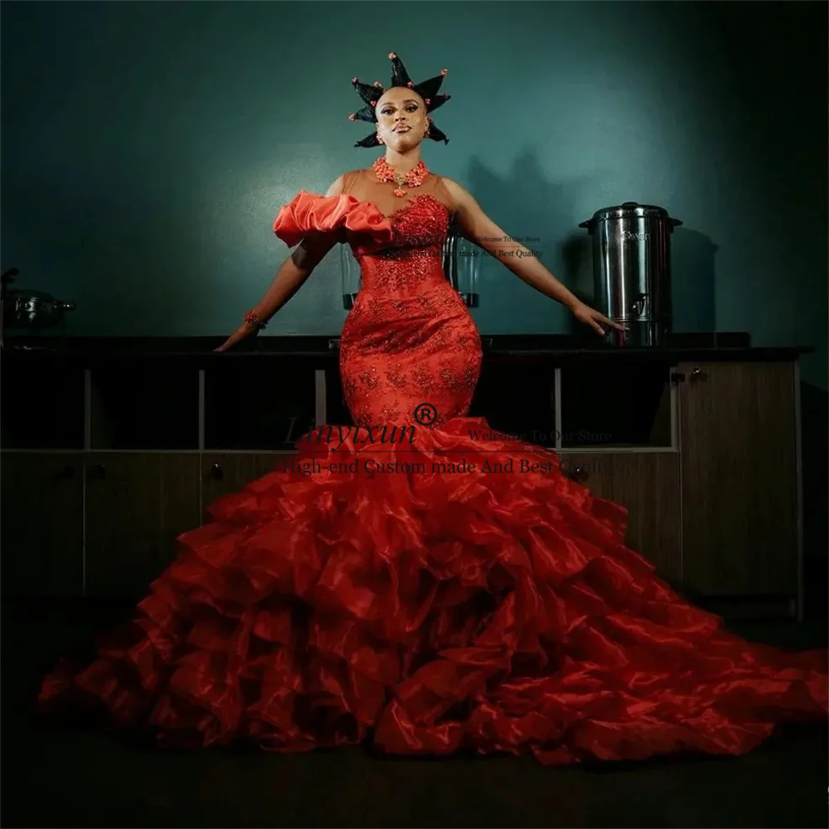 Оборки пышные платья русалки для выпускного вечера с прозрачной горловиной