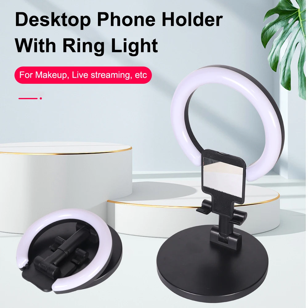 

MAMEN Desktop Phone Holder Foldable Stand with LED Ring Light Makeup Mirror for HUAWEI iPhone Universal for Live Streaming Video