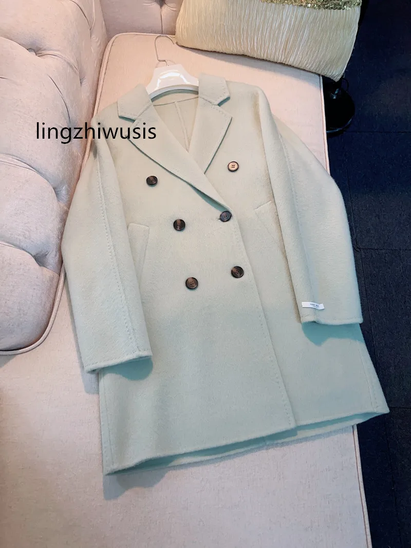 

Женское пальто из овечьей шерсти, осенне-зимнее дизайнерское двубортное пальто, Корейская нежная шерстяная верхняя одежда, Женская альпака, Новое поступление